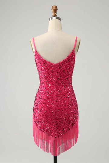Vestido cóctel corto tirantes finos lentejuelas fucsia con borlas
